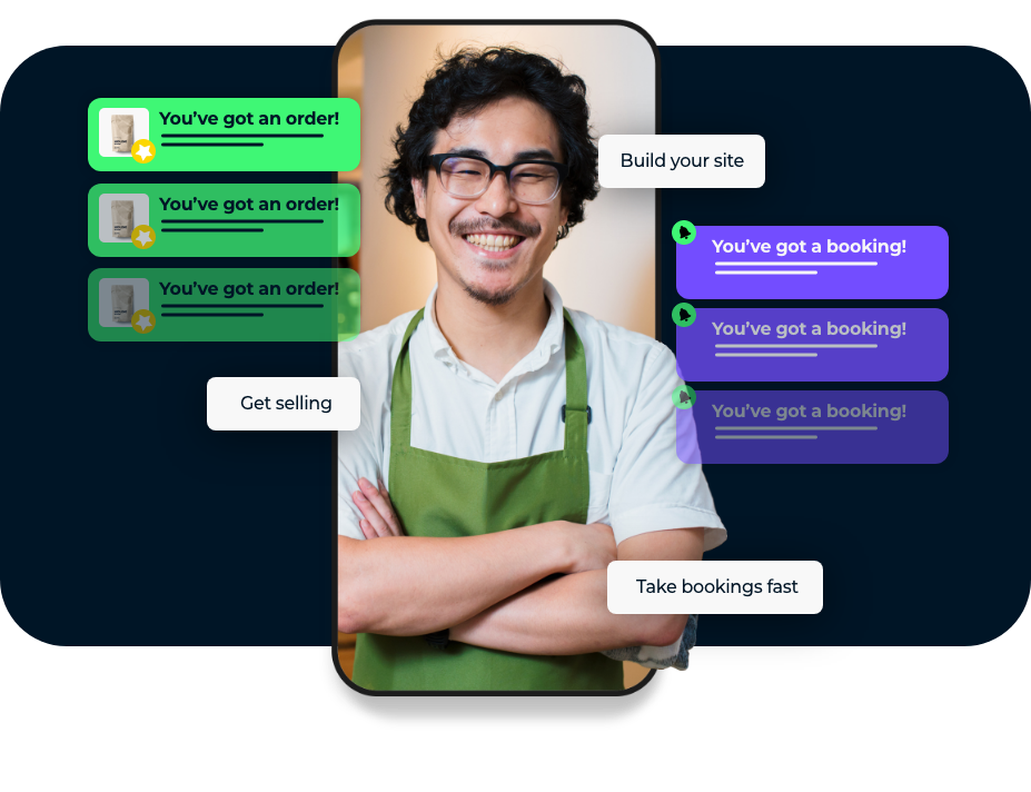 Smiling male chef in green apron stand in mobile screen with 'you've got an order' and 'you've got a booking' graphics.